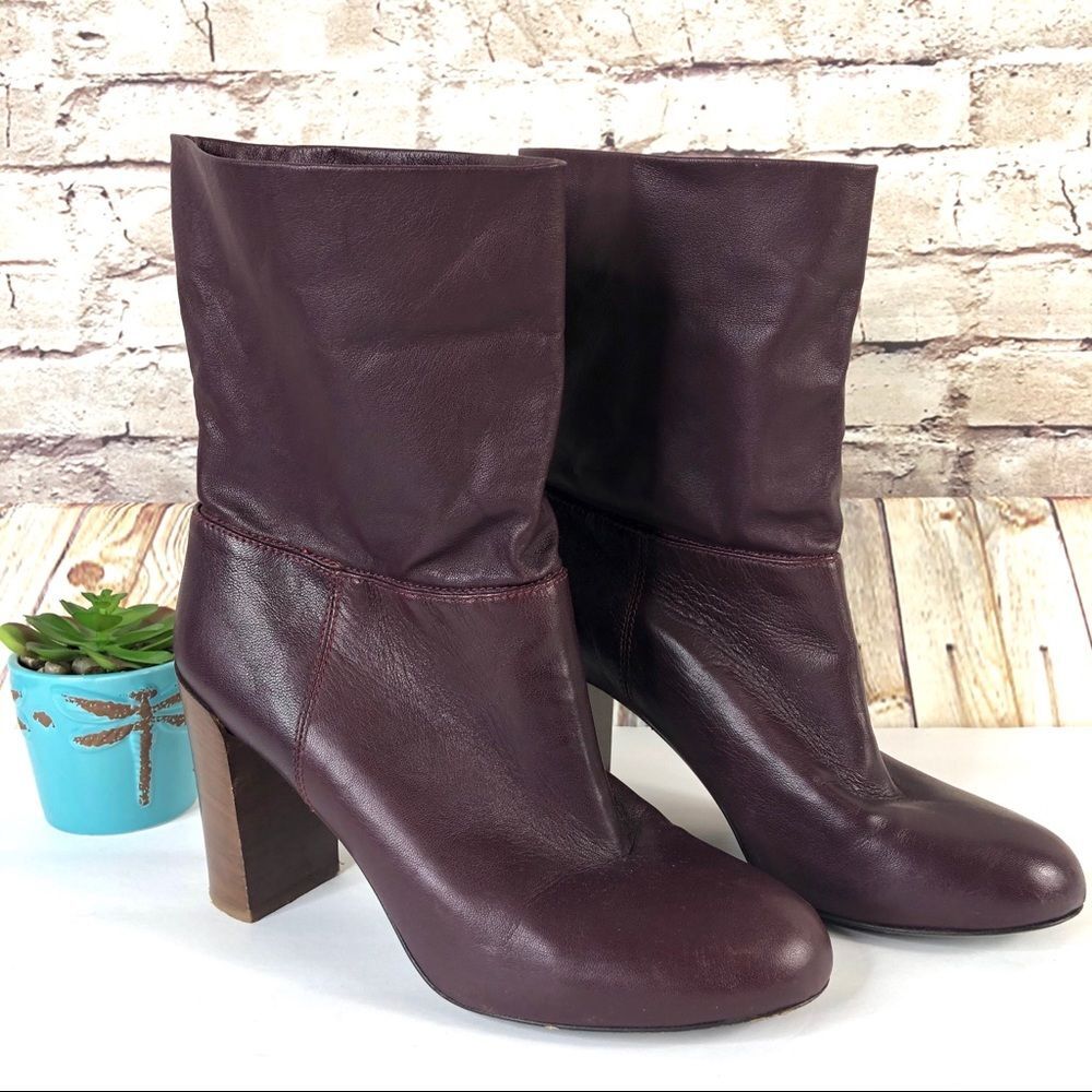 Vince Boots Womens 7 Burgundy Fold Over Leather Heeled Ankle Booties